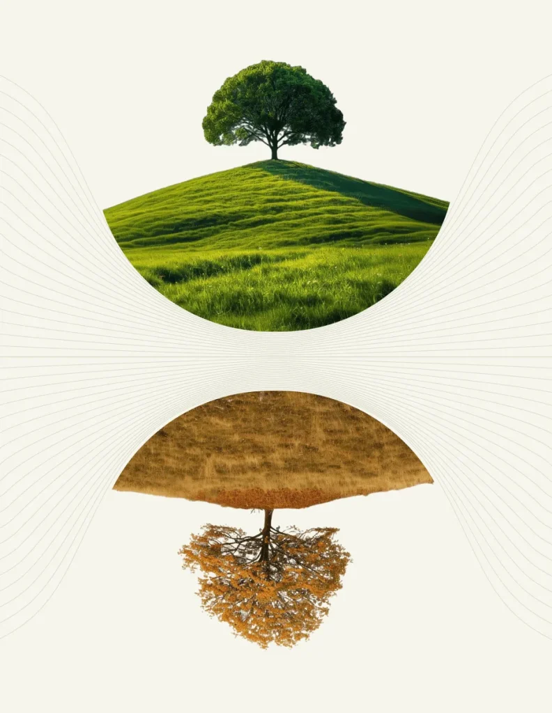 Tree on green hilltop mirrored by upside-down autumn tree on brown field, connected by wavy lines.