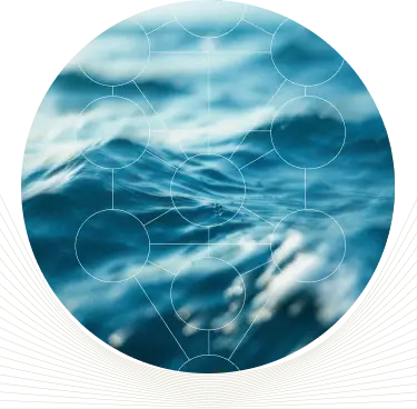 Circular image of a blue ocean wave with overlapping translucent geometric circles and lines.